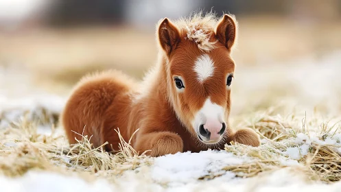 Gentle foal rests in soft winter straw with curious warmth