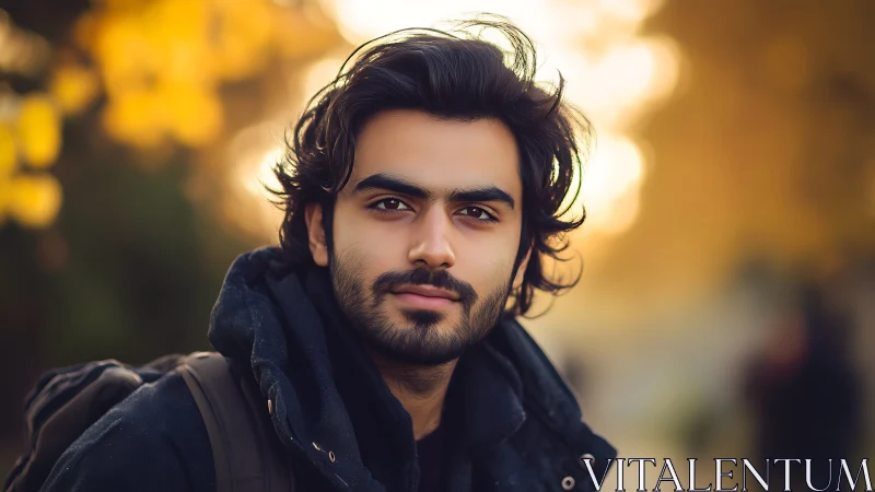 Young man outdoors in soft autumn golden hour light.