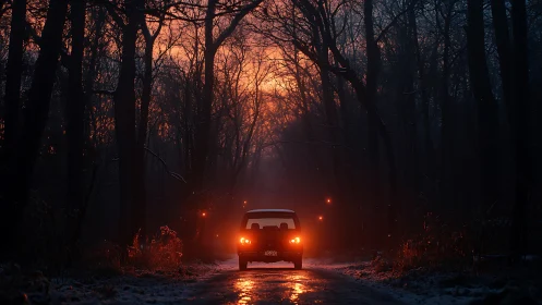 Car headlights cutting through dark winter forest dusk.