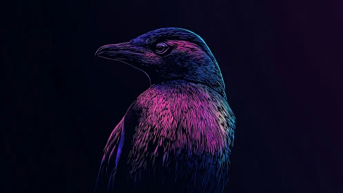 Neon outlined bird portrait shows stylized side profile view