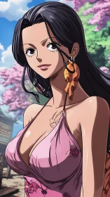 Anime portrait with floral dress under cherry blossoms backdrop.