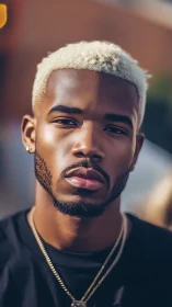 Close portrait of stylish man with blonde hair outdoors.