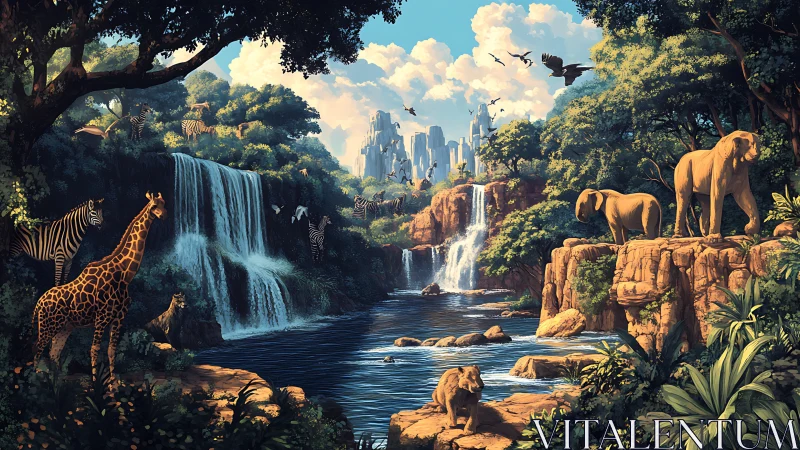 Savanna guardians watch waterfalls shimmer toward wild city