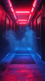 Neon fog corridor with red pipes and blue volumetric lighting