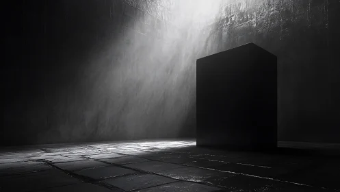 Silent black monolith rests in a shaft of searching light