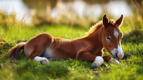 Sleeping foal resting softly in warm golden pasture light.