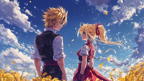 Two anime figures in yellow flower field under sky.