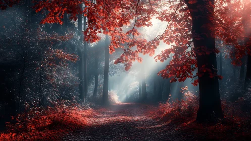 Misty Forest Path with Red Autumn Foliage and Sunlight