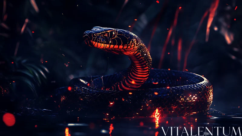 Cinematic coiled serpent in embers with dramatic rim lighting.