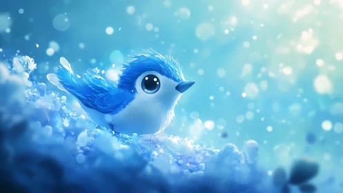 Crystalline Azure Avian Figure Suspended in Particle-Rich Atmospheric Environment.