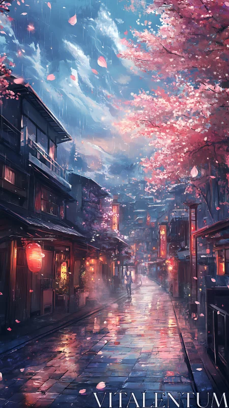 Rain-wet sakura alleyway captures atmospheric urban serenity