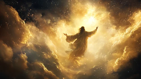 Radiant celestial figure ascending through storms of golden light.