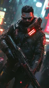 Cyberpunk soldier in black armor holding rifle at night.