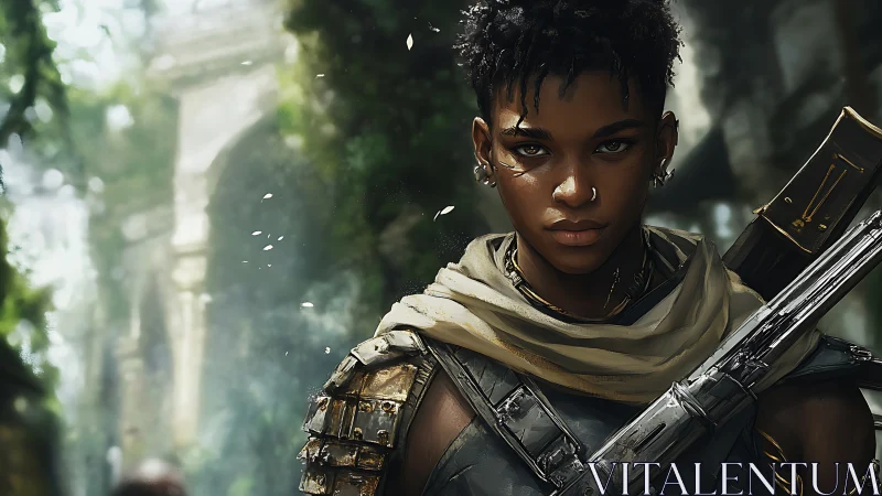 Jungle warrior watches ruined archway with poised resolve.