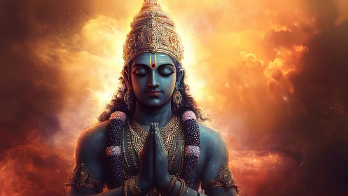 Divine blue deity prays in radiant cosmic firelight glow
