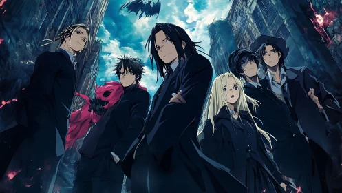 Group of anime characters stands in a ruined urban alley