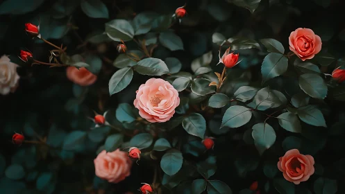 Rose Garden Composition with Coral Blooms and Teal Foliage.