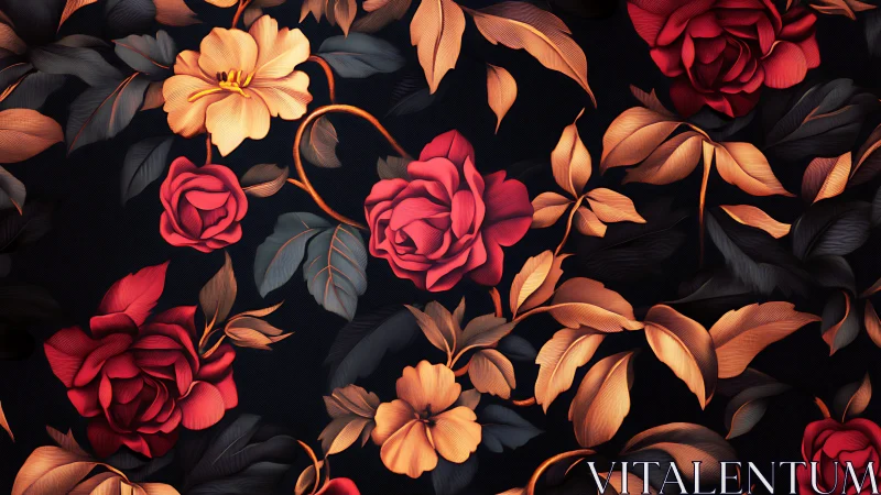 Red and apricot roses bloom against a dark background with dimensional leaves.