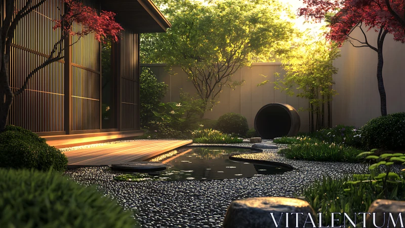 Zen garden courtyard glows under soft golden sunset light.