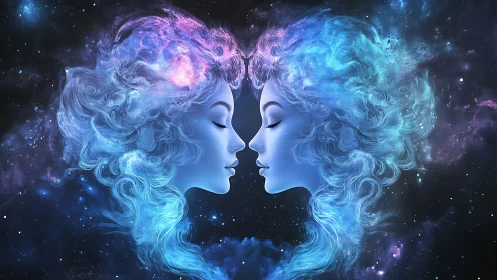 Twin Cosmic Minds: Ethereal Faces Merged in Luminous Space.