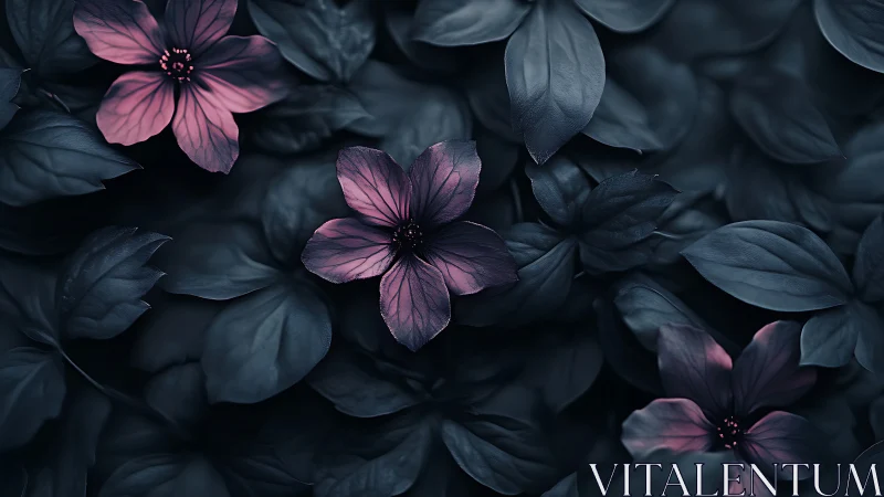 Dark Foliage with Pink Flowers in Low Light