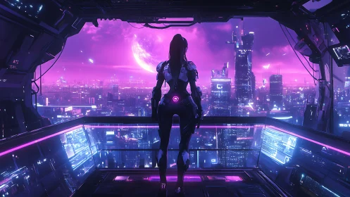 Cyborg figure in spacecraft bay overlooking neon cityscape.