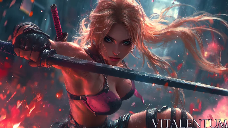 Blonde warrior lunges forward holding katana in burning rain