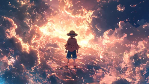 Lone anime figure stands on glowing cloud sea at sunset.