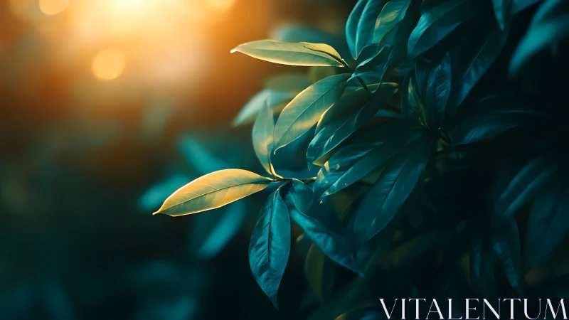 Backlit green leaves catch warm cinematic sunset glow.
