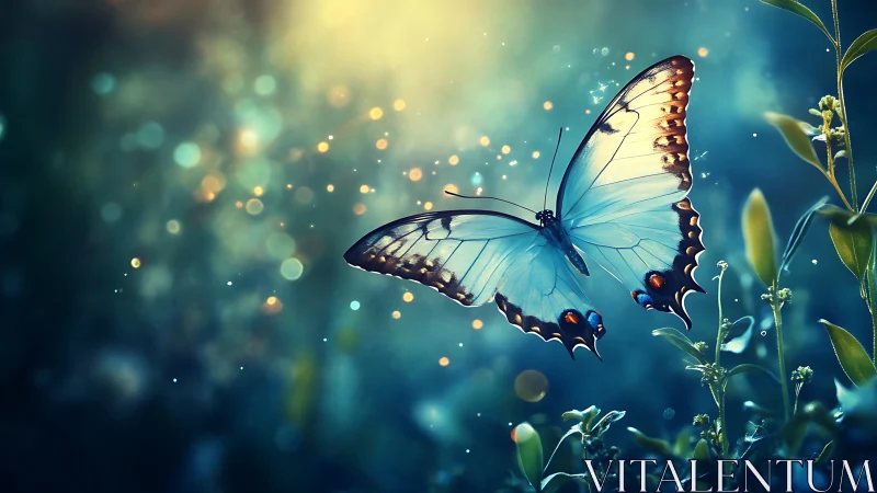 Soft-winged butterfly drifts through a glowing forest dream