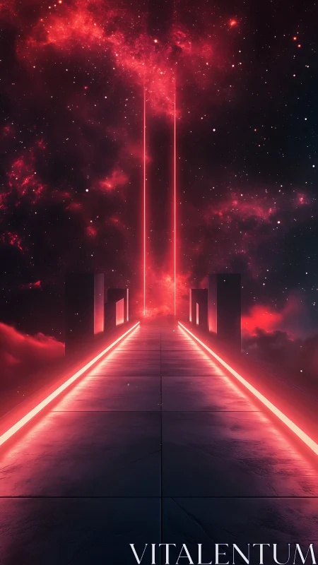 Nebula walkway toward twin crimson light pillars portal.