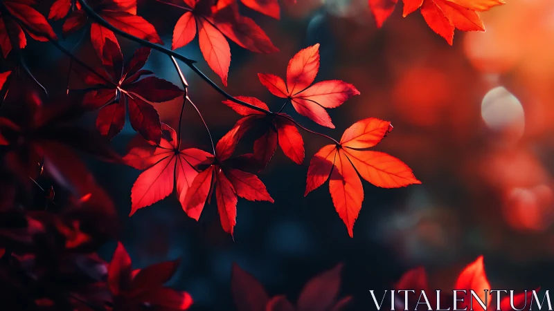 Crimson maple leaves in shallow depth autumn bokeh light.
