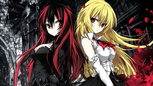 Dual anime heroines before crumbling gothic ruins at night.