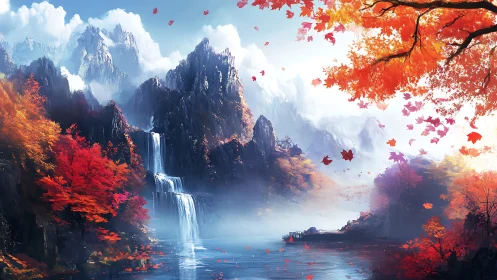 Mountain lake landscape with waterfalls and autumn foliage.