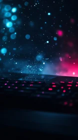 Neon keyboard glow under cyberpunk bokeh night field.