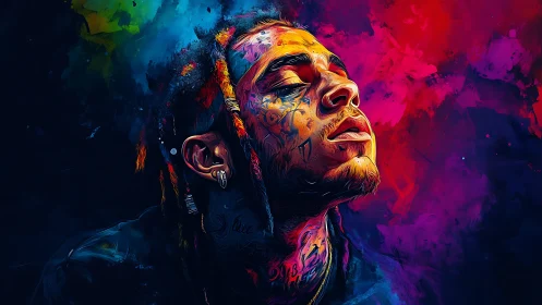 Vibrant portrait of a tattooed dreamer in glowing neon color.