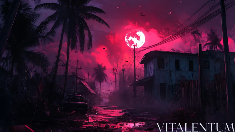 Abandoned tropical street under vivid magenta full moon.