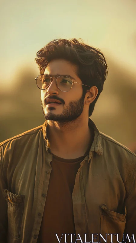 Warm sunset portrait of young man in reflective mood.