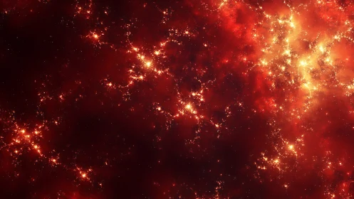 Luminous red nebula glows with scattered golden star clusters