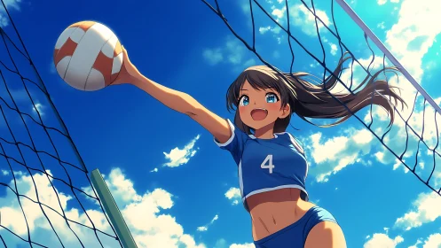 Anime volleyball player reaching over net in blue sky scene.