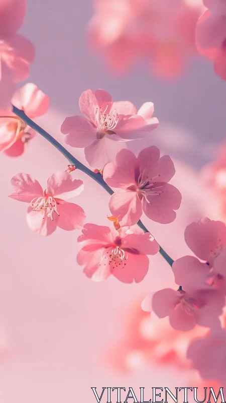 Pink cherry blossoms on branch with soft bokeh background