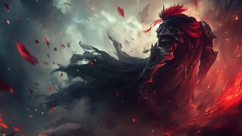 Dark armored warlord strides through swirling crimson embers.