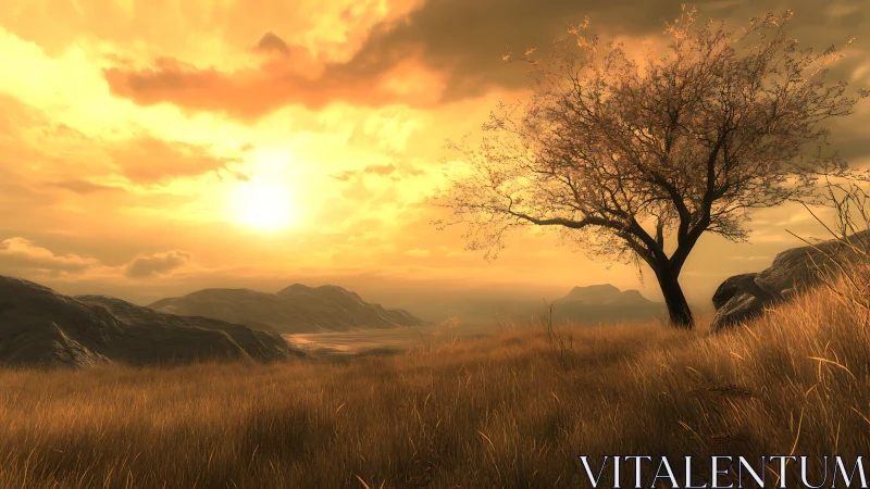 Golden hillside sunset with lone tree and distant mountains.