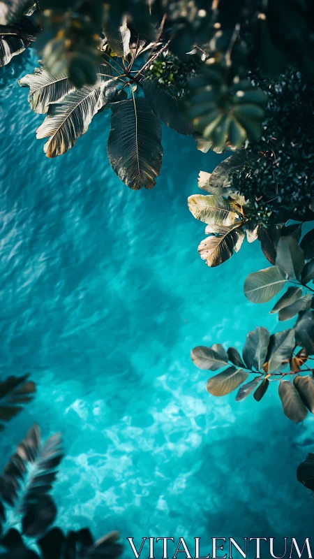 Tropical leaves frame crystal-clear turquoise lagoon surface.