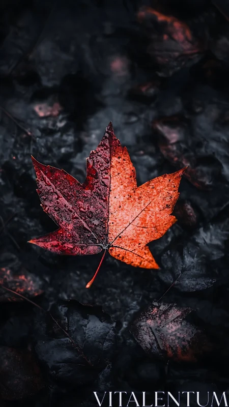 Dramatic red maple leaf glistens against dark wet ground.