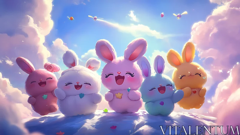 Cloud-top cuddle party with pastel bunnies in bright sky.