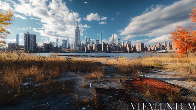 Urban skyline observed across overgrown riverside foreground