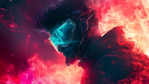 Futuristic visor-clad figure in neon inferno profile portrait.