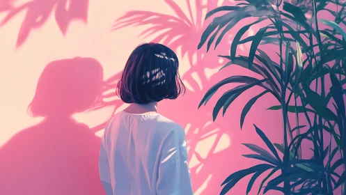 Figure with foliage shadows against uniform pink wall.