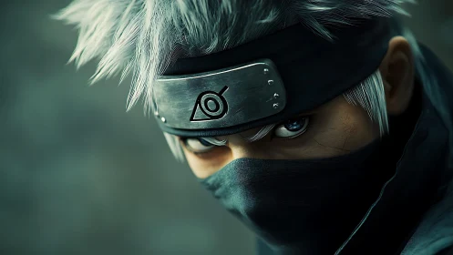 Masked silver-haired ninja portrait shows intense side gaze